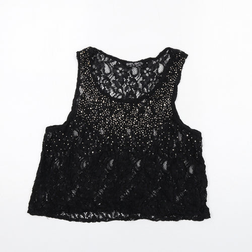Select Womens Black Geometric Polyester Basic Tank Size 16 Round Neck