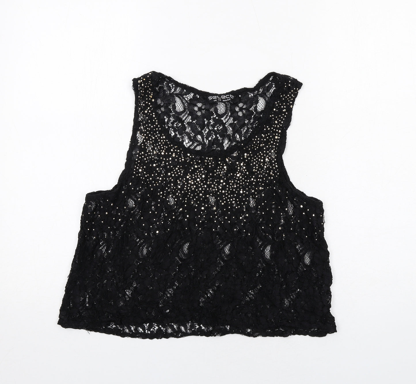 Select Womens Black Geometric Polyester Basic Tank Size 16 Round Neck