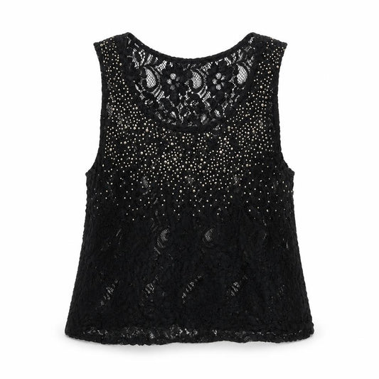 Front view of Select women’s black geometric polyester basic tank, size UK 16, round neck