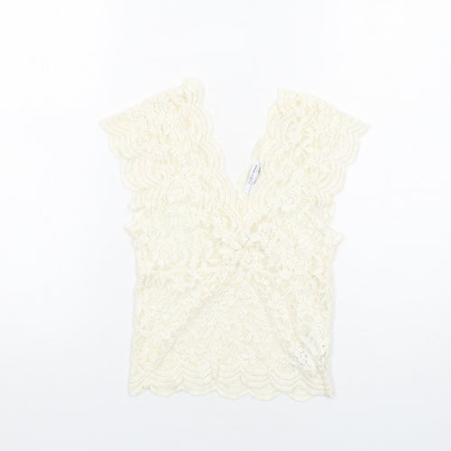 Zara Womens Ivory Floral Cotton Basic Tank Size S V-Neck