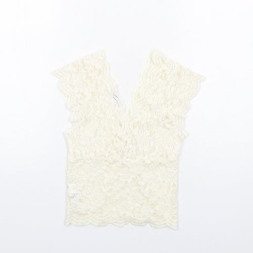 Zara Womens Ivory Floral Cotton Basic Tank Size S V-Neck