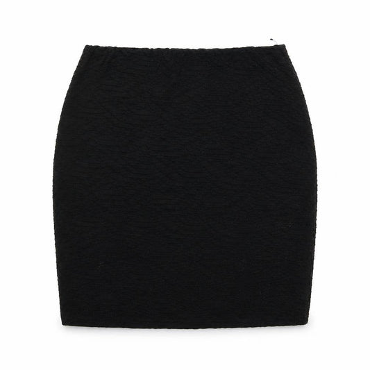 Front view of Jane Norman women’s black geometric polyester bandage skirt, size UK 8