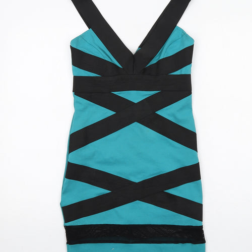 Lipsy Womens Blue Colourblock Polyester Bodycon Size 10 V-Neck Zip