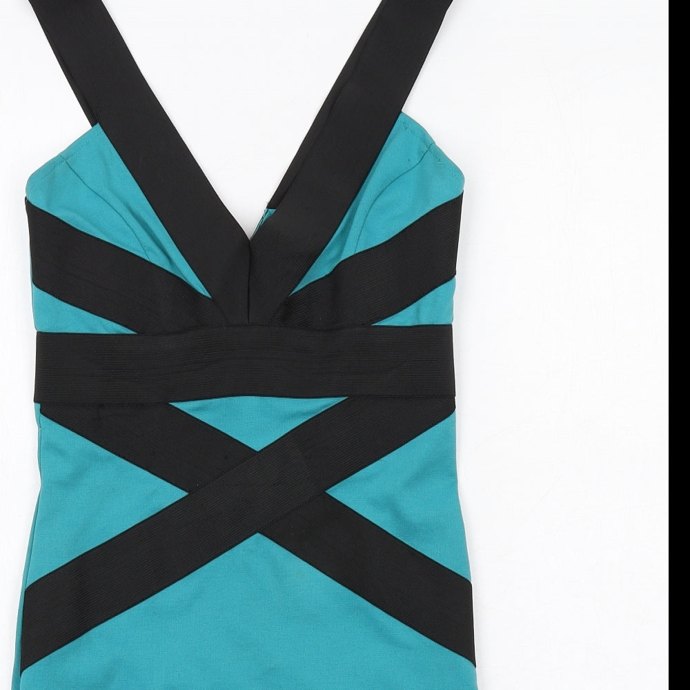Lipsy Womens Blue Colourblock Polyester Bodycon Size 10 V-Neck Zip