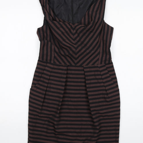 Warehouse Womens Brown Striped Polyester Shift Size 12 Cowl Neck Zip