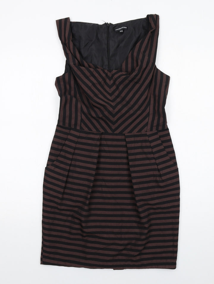 Warehouse Womens Brown Striped Polyester Shift Size 12 Cowl Neck Zip