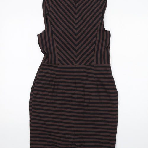 Warehouse Womens Brown Striped Polyester Shift Size 12 Cowl Neck Zip