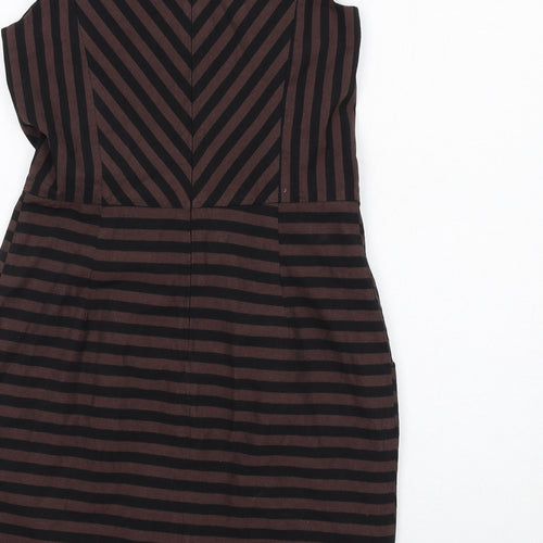 Warehouse Womens Brown Striped Polyester Shift Size 12 Cowl Neck Zip
