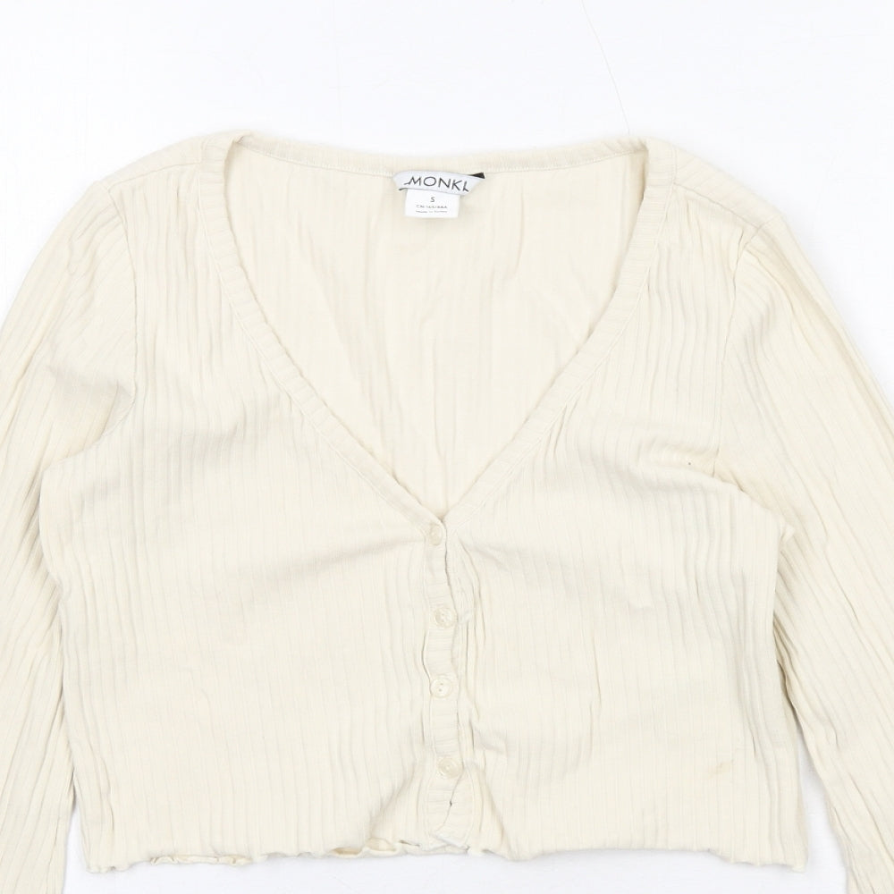 Monki Womens Ivory Cotton Cropped T-Shirt Size S V-Neck