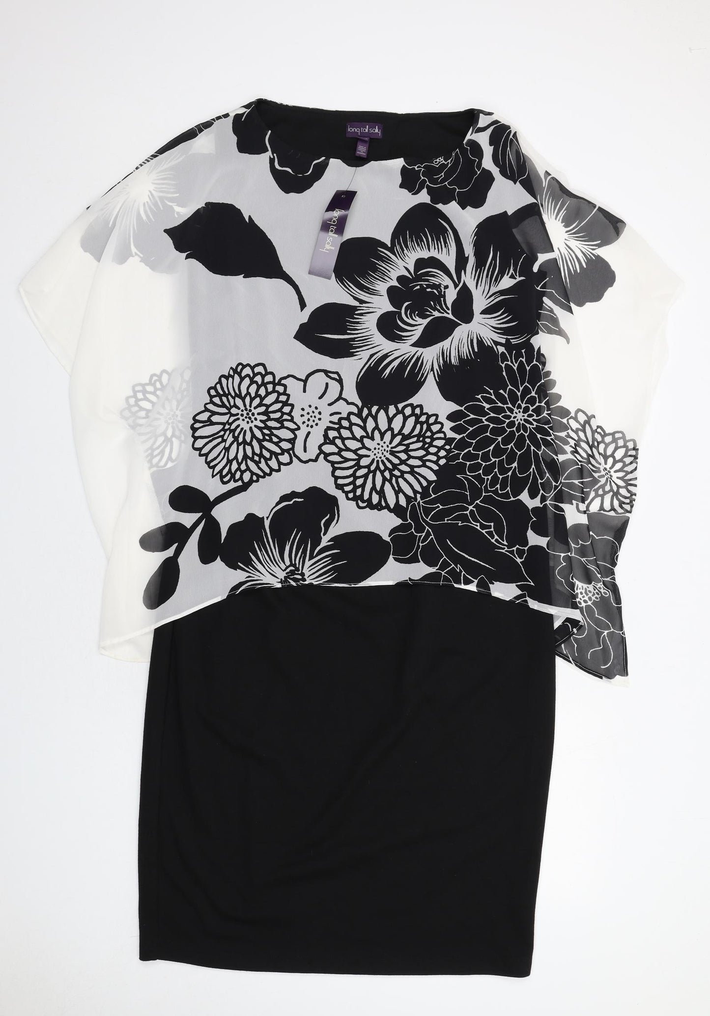 Long Tall Sally Womens Black Floral Polyester A-Line Size 16 Round Neck Zip