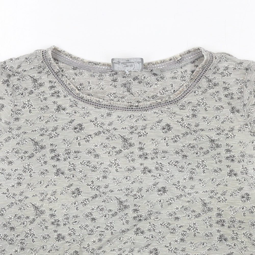 NEXT Womens Grey Floral Cotton Basic T-Shirt Size 12 Round Neck