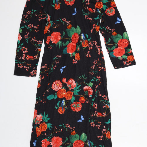 Oasis Womens Black Floral Viscose A-Line Size L Round Neck Pullover