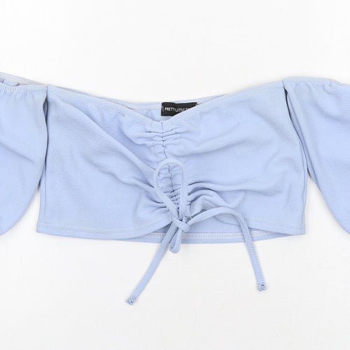 PRETTYLITTLETHING Womens Blue Polyester Cropped Blouse Size 10 Off the Shoulder
