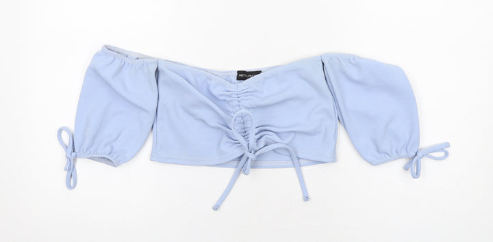 PRETTYLITTLETHING Womens Blue Polyester Cropped Blouse Size 10 Off the Shoulder