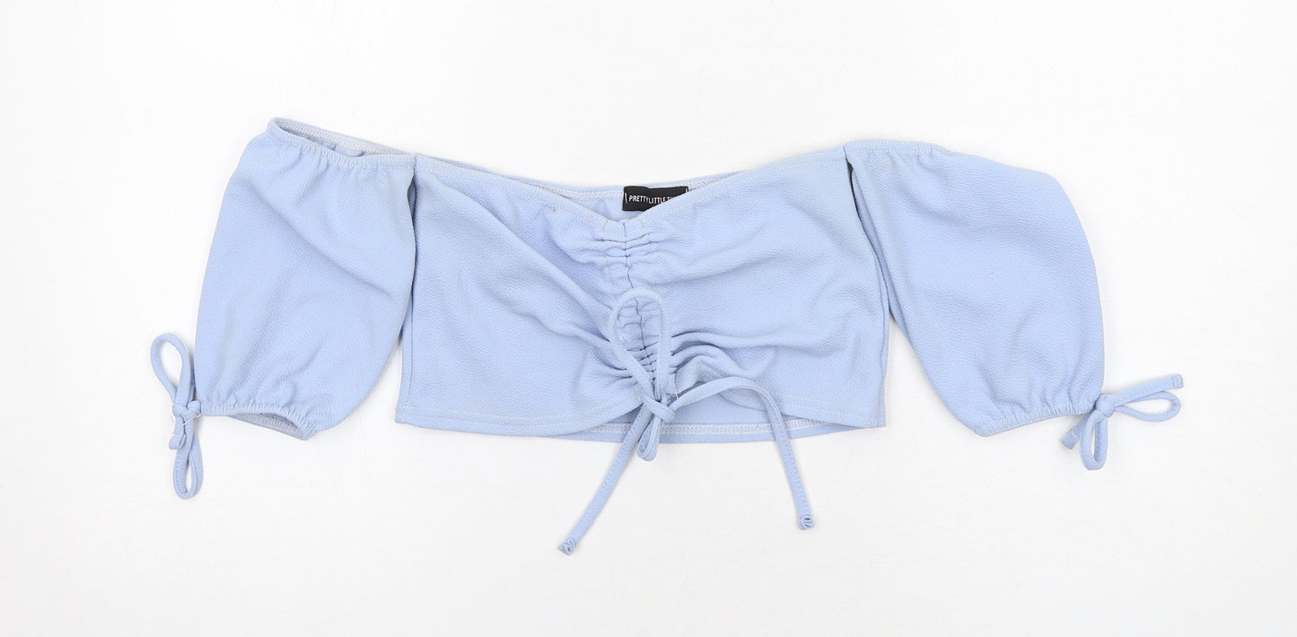PRETTYLITTLETHING Womens Blue Polyester Cropped Blouse Size 10 Off the Shoulder