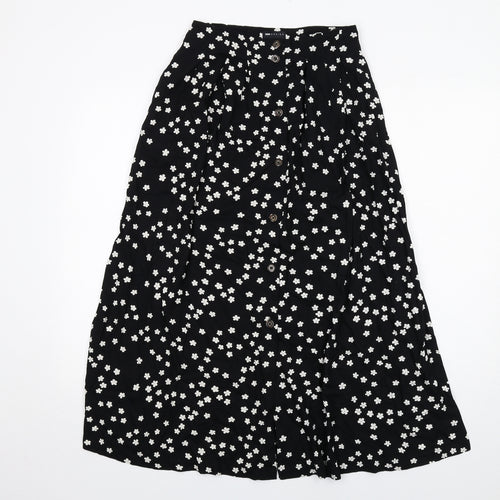 ASOS Womens Black Floral Viscose Swing Skirt Size 8 Button