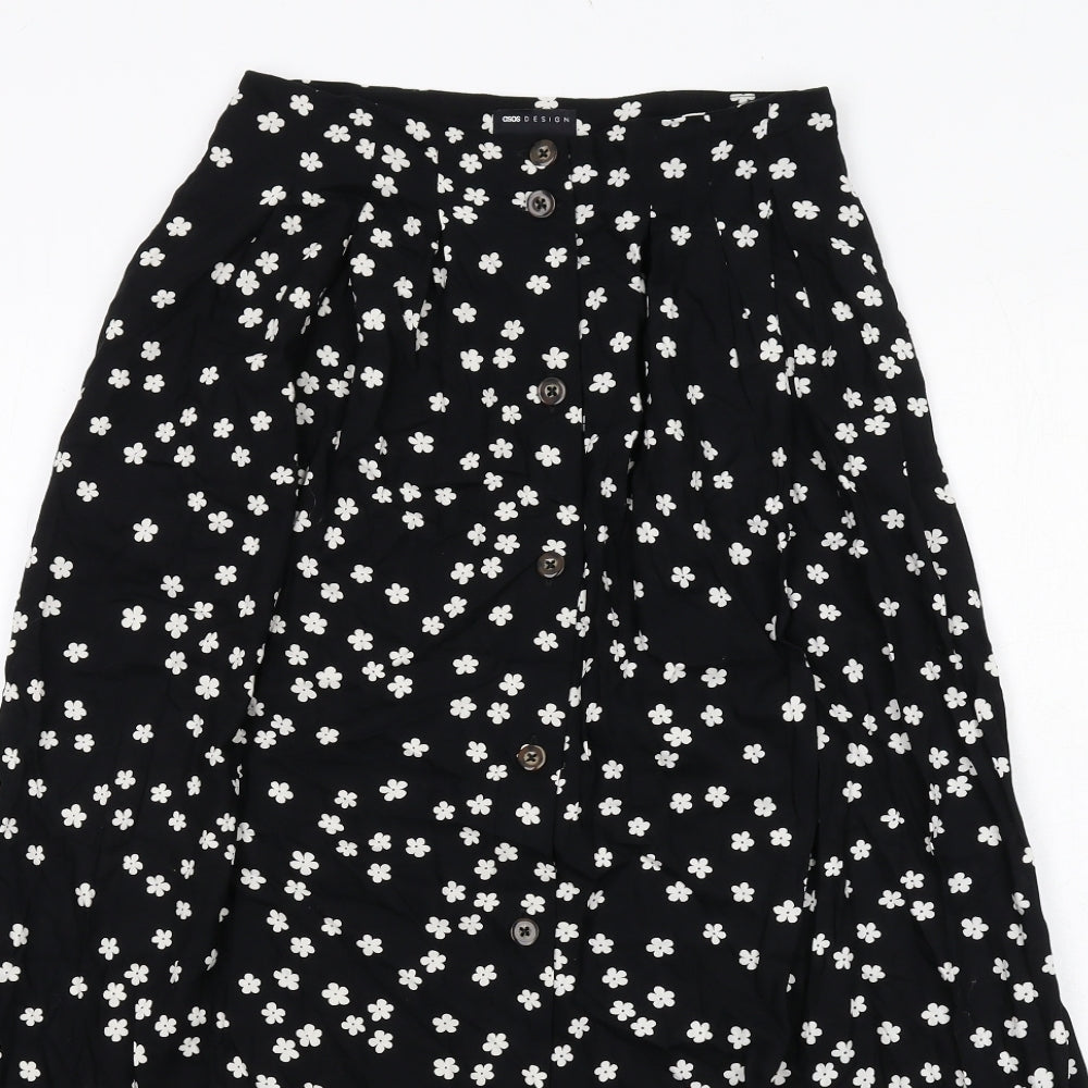 ASOS Womens Black Floral Viscose Swing Skirt Size 8 Button