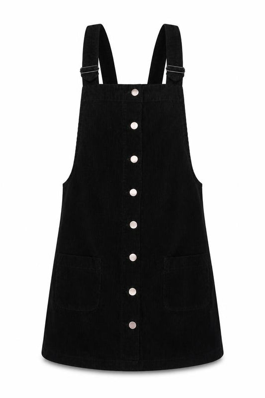 Front view of Cooperative women’s black cotton pinafore/dungaree dress, size XS, square neck button