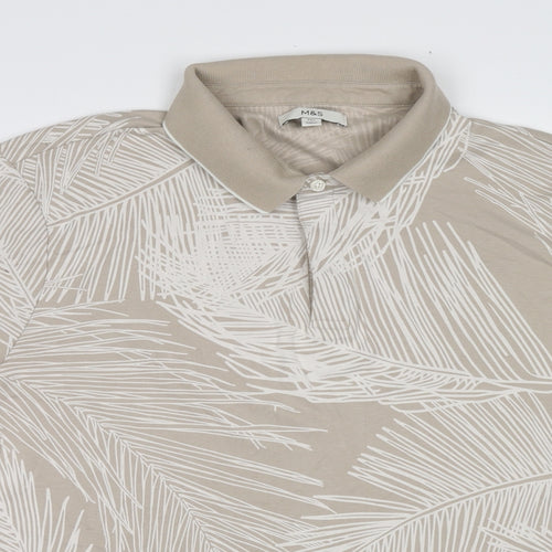 Marks and Spencer Mens Beige Geometric Cotton Polo Size 3XL Collared Button - Leaf pattern