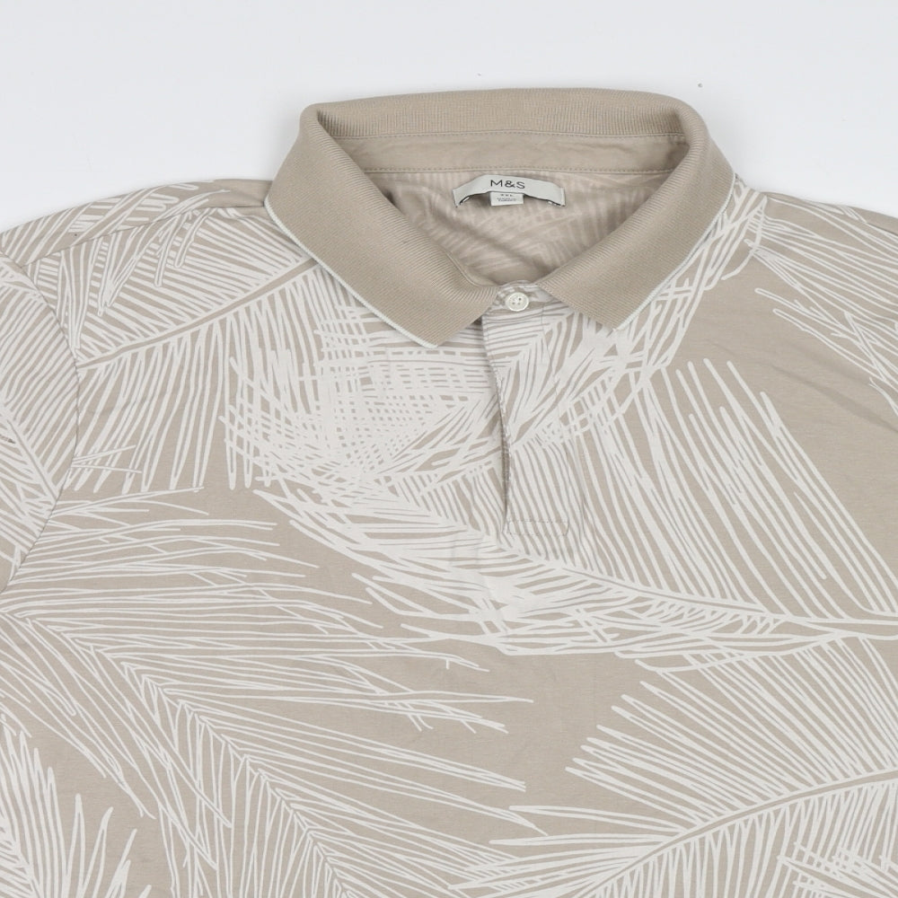 Marks and Spencer Mens Beige Geometric Cotton Polo Size 3XL Collared Button - Leaf pattern
