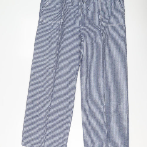 Marks and Spencer Womens Blue Striped Linen Trousers Size 16 L27 in Regular Drawstring