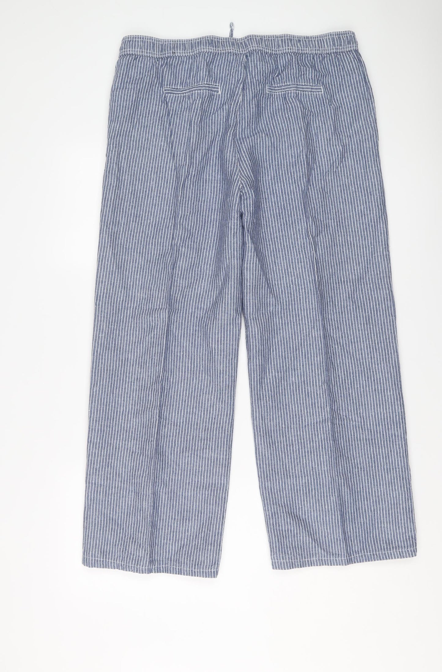 Marks and Spencer Womens Blue Striped Linen Trousers Size 16 L27 in Regular Drawstring