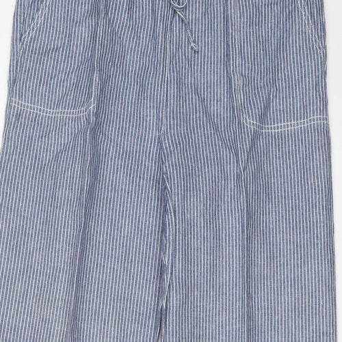Marks and Spencer Womens Blue Striped Linen Trousers Size 16 L27 in Regular Drawstring