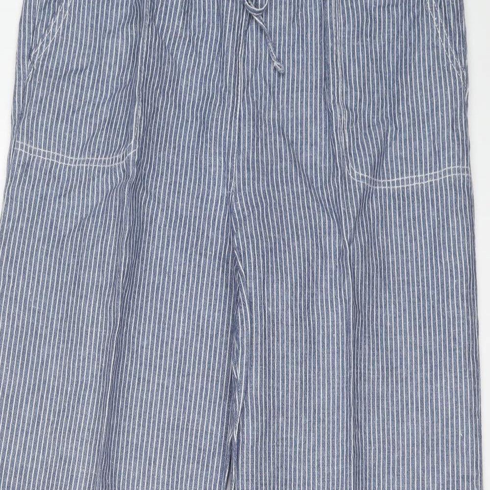 Marks and Spencer Womens Blue Striped Linen Trousers Size 16 L27 in Regular Drawstring