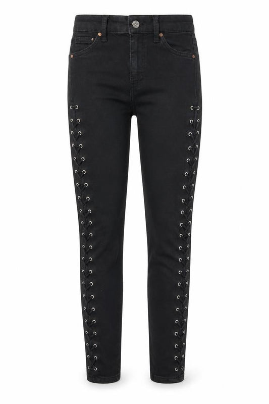 Front view of Topshop women’s black cotton skinny jeans, size UK 24, in, 25-inch leg regular button