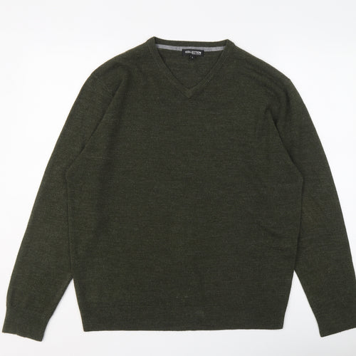 Debenhams Mens Green V-Neck Acrylic Pullover Jumper Size L Long Sleeve