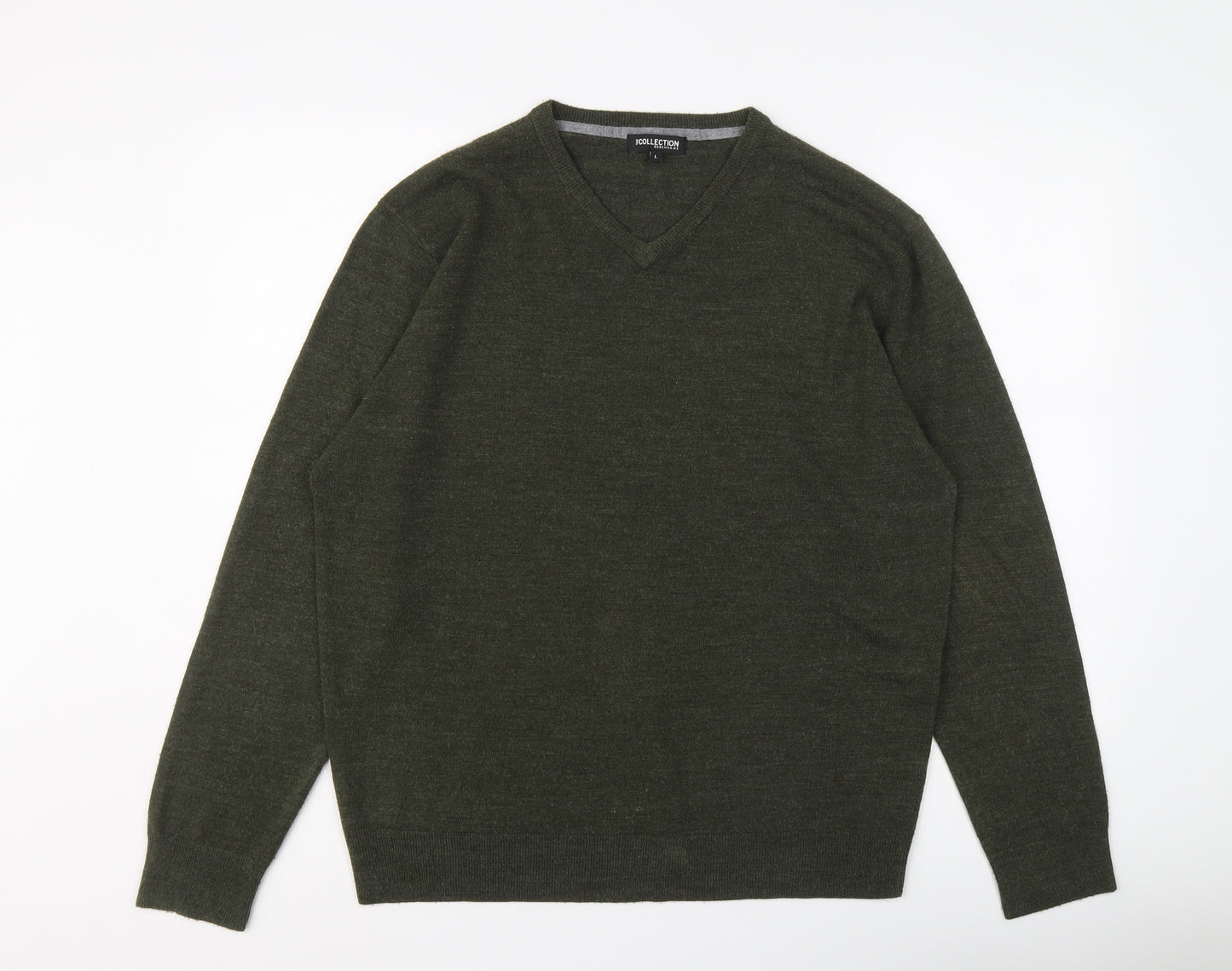 Debenhams Mens Green V-Neck Acrylic Pullover Jumper Size L Long Sleeve
