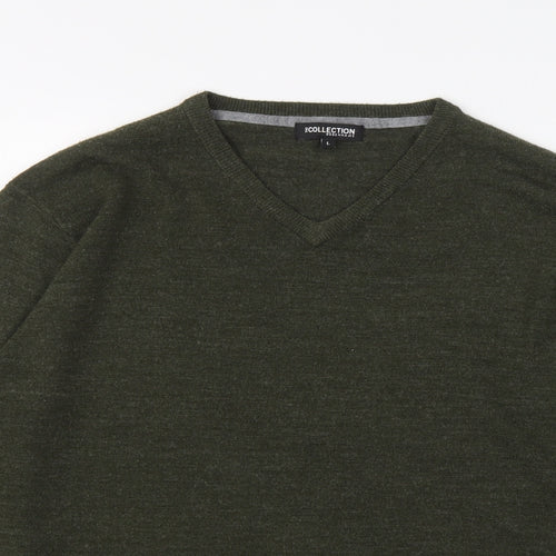 Debenhams Mens Green V-Neck Acrylic Pullover Jumper Size L Long Sleeve