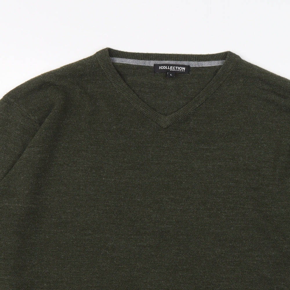 Debenhams Mens Green V-Neck Acrylic Pullover Jumper Size L Long Sleeve