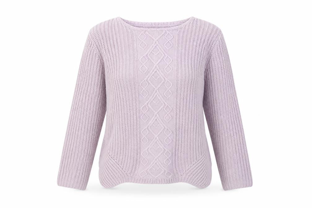 Front view of Marks & Spencer women’s purple round neck acrylic jumper, size UK 12