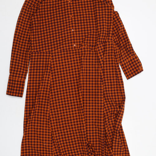 Monki Womens Orange Check Polyester Shirt Dress Size S Collared Button