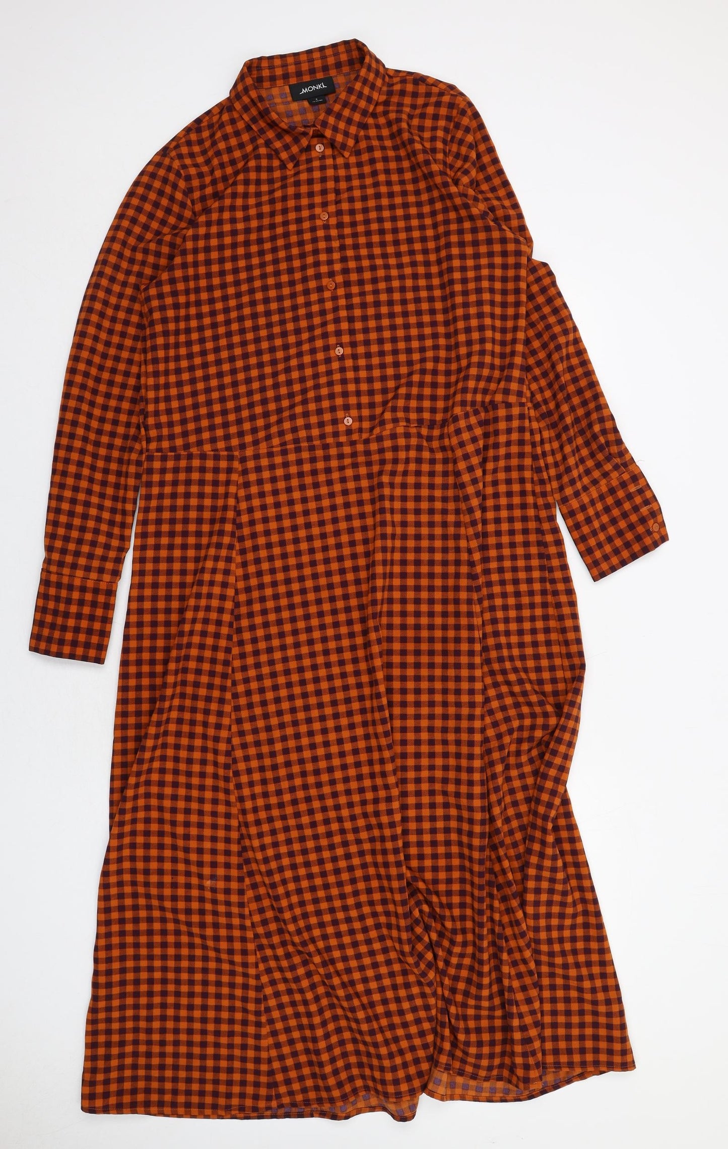 Monki Womens Orange Check Polyester Shirt Dress Size S Collared Button