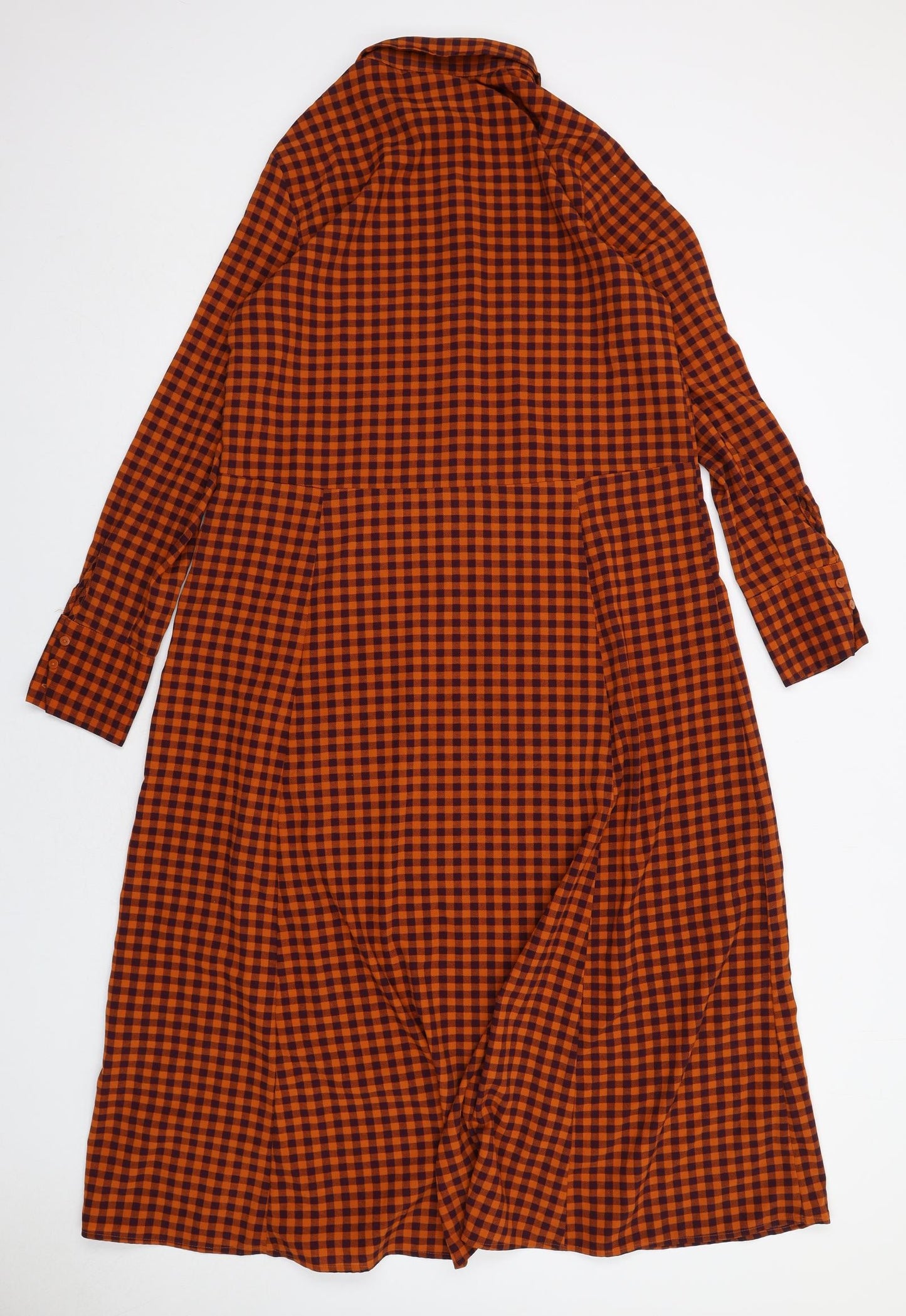 Monki Womens Orange Check Polyester Shirt Dress Size S Collared Button