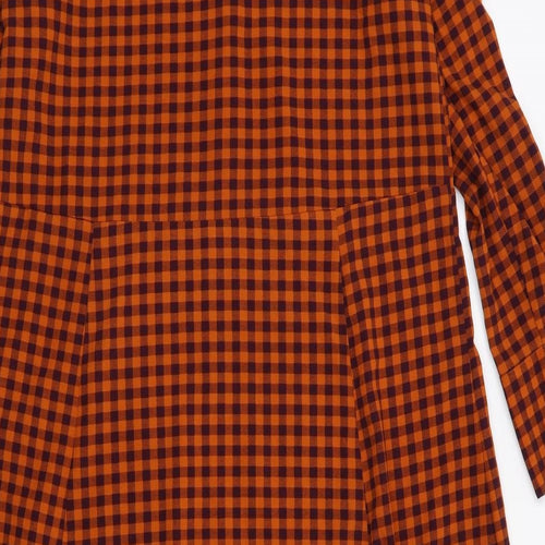 Monki Womens Orange Check Polyester Shirt Dress Size S Collared Button