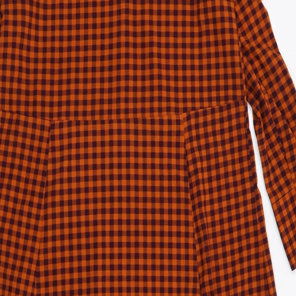 Monki Womens Orange Check Polyester Shirt Dress Size S Collared Button