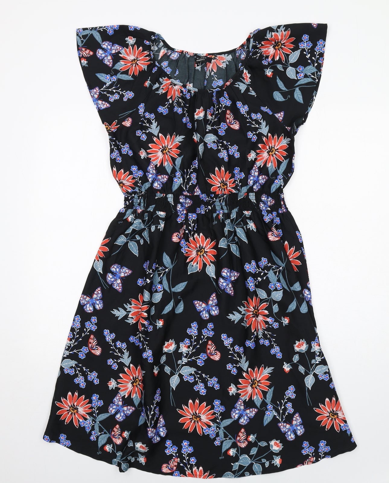 New Look Womens Black Floral Polyester A-Line Size 12 Round Neck Pullover