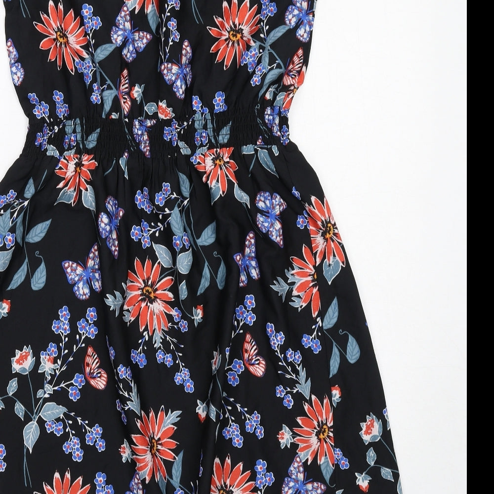 New Look Womens Black Floral Polyester A-Line Size 12 Round Neck Pullover