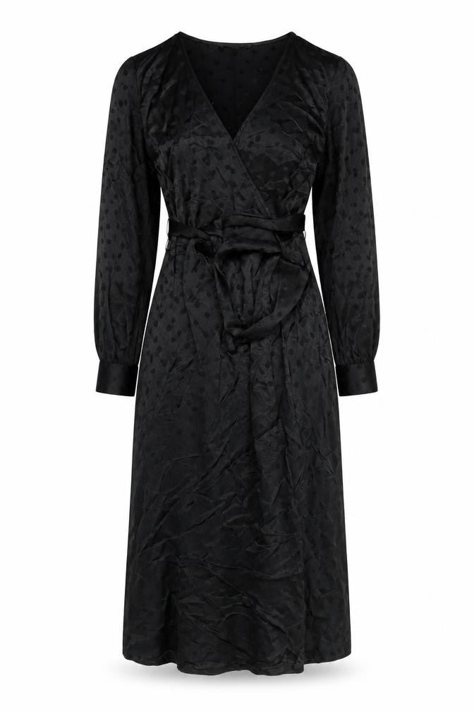 Front view of Per Una women’s black polka dot viscose a-line, size UK 6, v-neck zip