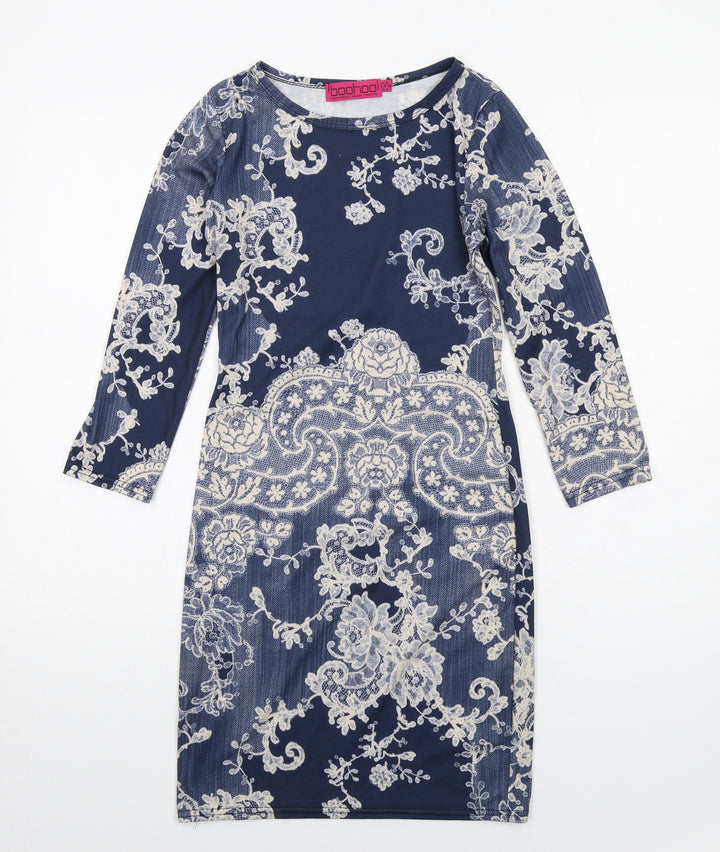 Boohoo Womens Blue Geometric Polyester A-Line Size 8 Round Neck Pullover