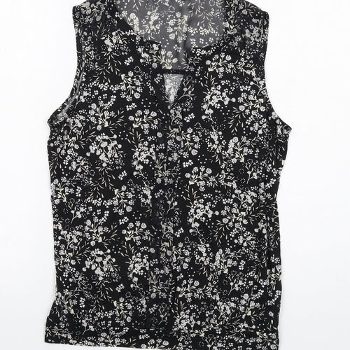 M&Co Womens Black Floral Viscose Basic Blouse Size 10 Scoop Neck