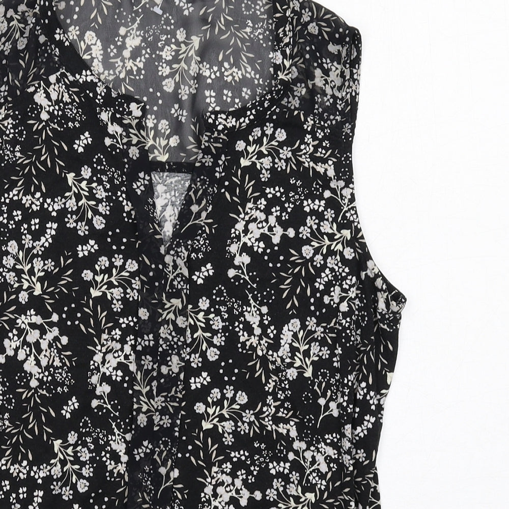 M&Co Womens Black Floral Viscose Basic Blouse Size 10 Scoop Neck