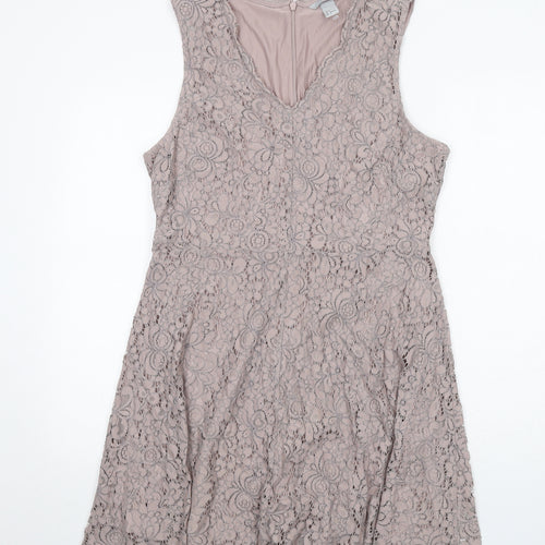H&M Womens Purple Floral Polyamide Trapeze & Swing Size L V-Neck Zip