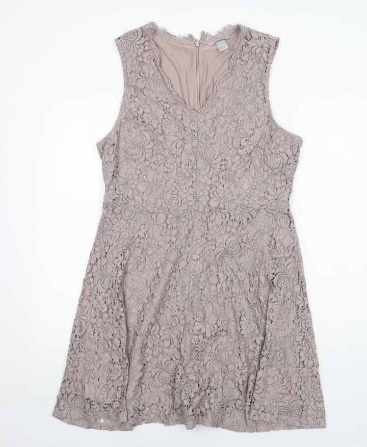 H&M Womens Purple Floral Polyamide Trapeze & Swing Size L V-Neck Zip