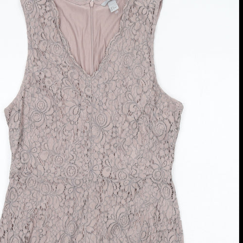 H&M Womens Purple Floral Polyamide Trapeze & Swing Size L V-Neck Zip