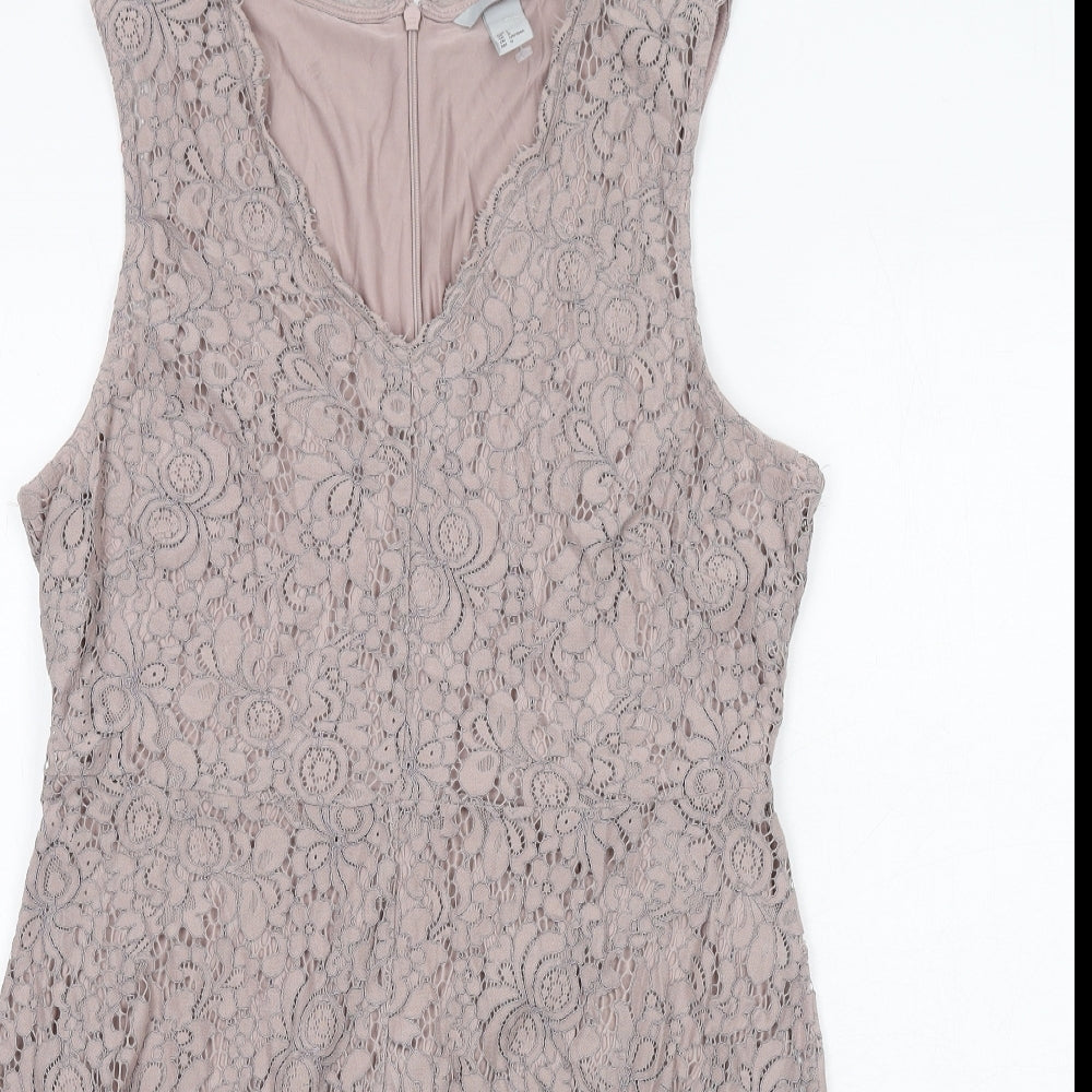H&M Womens Purple Floral Polyamide Trapeze & Swing Size L V-Neck Zip