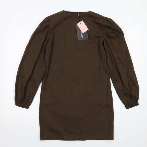 PRETTYLITTLETHING Womens Green Cotton A-Line Size 4 Round Neck Button